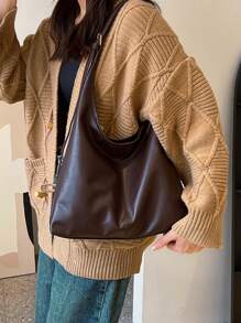 Geantă de umăr pliabilă de mare capacitate, culoare solidă, vintage, casual, de culoare solidă, ușoară, pentru cumpărături și călătorii pentru studenți