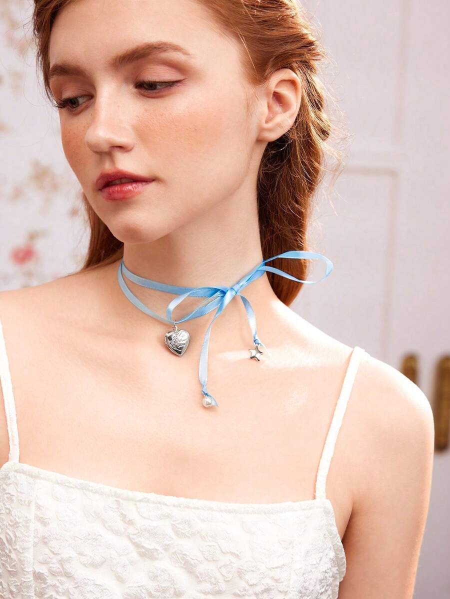 Collar con colgante de lazo de corazón de varios niveles, estilo japonés simplificado de gargantilla, cinta de sirvienta para el cuello