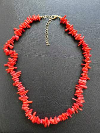 1pc Red Coral Bead Necklace, Women's Casual & Beach Vacation Wear (Color, Size And Shape Of Coral May Vary Slightly As Normal)