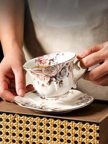 1pc Classic Floral Ceramic Coffee Cup And Saucer Set, Retro Gold Rim, High-End Latte/Tea Cup For Home - Multicolor - View 3