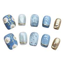 10 piezas Uñas postizas cortas de estilo francés con estampado bohemio azul y brillantes para uso en escenario y actuaciones