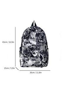 1pc Black Nylon Casual Graffiti Allover Print Foldable Large Capacity Water-Resistant Zipper Backpack, Suitable For Daily School, Training, Men's Commuting, Shopping, Travel, Gift For Back To School And Graduation Season Back To School Supplies