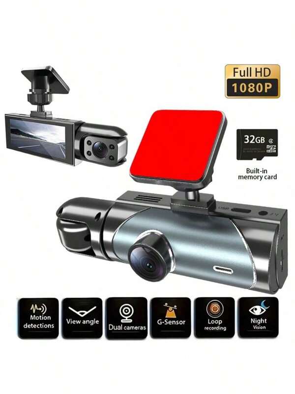 Dual Lens Dash Cam With Night Vision, Dual 1080P Front And Embedded Cameras, Wide Angle Car DVR, 3.16" IPS Screen, 24-Hour Motion Sensor Parking Mode, 32GB Memory Card Loop Recording Battery Capacity 150mAh