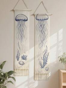 1件装海岸水母挂毯，波西米亚海洋风格装饰，饰有贝壳和珊瑚，沙滩主题房间装饰，航海风家居墙饰，带流苏编织挂毯，适用于客厅和卧室 - 彩色 - 查看 10