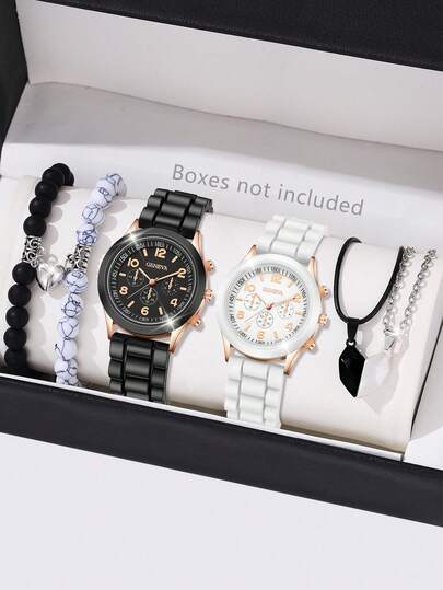 6pcs Unisex Silicone Strap Watch Band Set, Fashion Simple Arabic Numeral Scale Quartz Watch Bracelet Necklace Jewelry Set, Suitable For Daily Wear Decoration Or Holiday Gifts