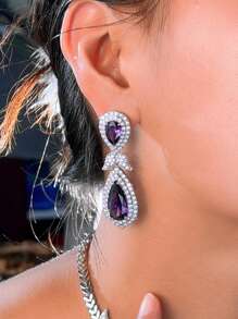 1 Pair Exquisite Silver Plated CZ Long Leaf Teardrop Purple Dangle Earrings, Bridal Cubic Zirconia Women Jewelry For Brides, Wedding, Engagement, Banquet, Party, Gift For Ladies, Bridesmaids, Mother