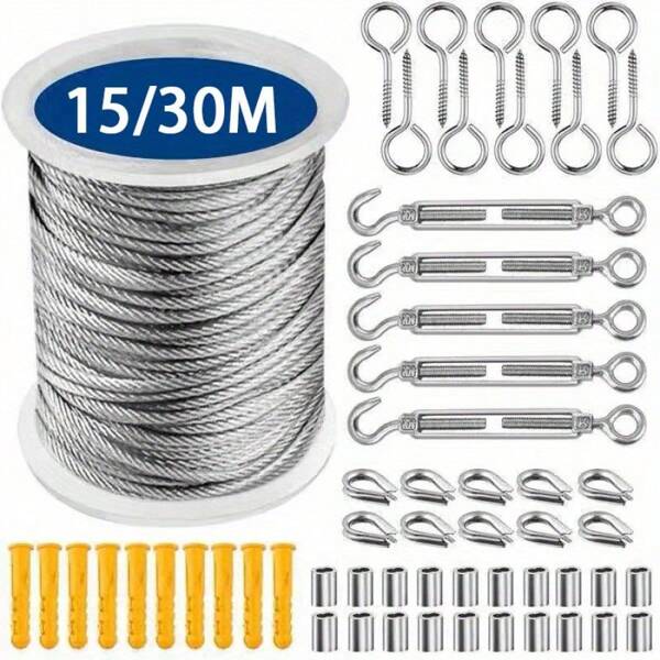 Stainless Steel Wire Rope Set, 1181.1 Inch Long, Suitable For Garden, Balcony Railings, Farm Fences And Tent Support, PVC Coated Metal Material, With Tension Adjustment Bolts And Hooks