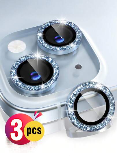 ZYONS 3片装闪亮金属钻石相机镜头保护膜，兼容，金属单环保护壳，9H防刮钢化玻璃，铝合金边框，吸附力更强，防眩光，兼容 17 Pro Max、17 Air、16e、16 Plus、16 Pro Max、16 Pro、15 Pro Max、15 Pro、15 Plus、15、14 Pro Max、14、14 Pro、14 Plus、13 Pro Max、13、13 Pro、12、11（蓝色）