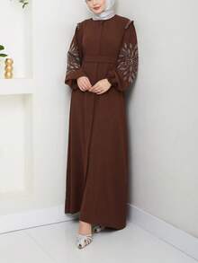 Solid Color Elegant European & Middle Eastern Turkish Style Women's Long Dress With Zipper, Pearl And Rhinestone Decorated Long Sleeve Abaya