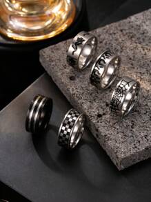 5 pièces Set d'anneaux pour hommes en acier inoxydable argent de style punk, motifs échiquier, rose, flamme, toile d'araignée, convient pour le port quotidien ou en cadeau