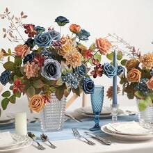 AUSOGO Artificial Rose Combination, Mixed Fake Rose Stem Set, Used For Wedding Bouquet Arrangement, Bridal Shower DIY Crafts, Flower Arrangement, Home Table And Chair Decoration, Halloween Autumn - 淺棕色霧霾藍 - 查看 3