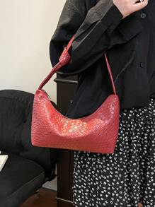 1 pieza Bolso bandolera de mujer de color borgoña sólido con textura tejida vintage de PU