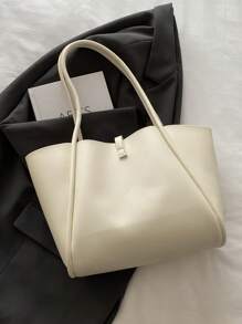 1pc Solid Color Metallic Decoration PU Leather Large Capacity Snap Button Minimalist Fashion Shoulder Tote Bag, Suitable For Women's Daily Use
