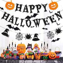 Halloween Banner, Happy Halloween Banners With Halloween 3D Bats Stickers, Horror Pumpkin Witch Hat Spider Halloween Decorations Hanging Bunting For Halloween Party Supply Indoor Outdoor Home Yard