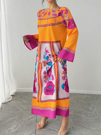 1 件女士高端定位花卉厚圆领长袖喇叭袖长裙，休闲阿拉伯风格连衣裙，优雅节日派对礼服，奢华晚礼服，阿拉伯时尚女士长袍，适合秋冬季