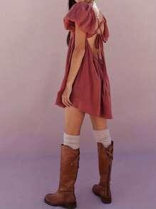 Women's Summer Babydoll Short Dresses Solid Color Short Puff Sleeve Square Neck Cross Tie Back Dress For Girls