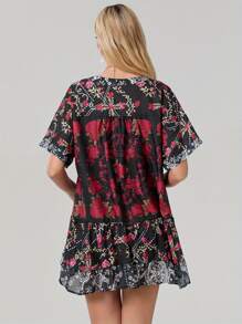 Women's Summer Babydoll Dress Bohemian Floral Print Short Sleeve V-Neck Flowy Dress With Pockets