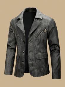 Men Casual Notched Lapel 3-Button Retro Motorcycle Faux Leather Blazer Jacket, Vintage Distressed Single Breasted Multi-Pocket Design Metal Zipper Front Closure