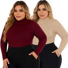 Kit 2 Women's Plus Size Cacharrel Blouse Long Sleeve High Neck Ribbed G1 To G3 - White and Beige - View 3