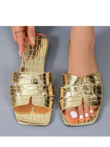 Eleganti e alla moda sandali infradito da donna, nuovi sandali con stampa coccodrillo a punta quadrata e fascia, sandali versatili da donna per primavera/estate