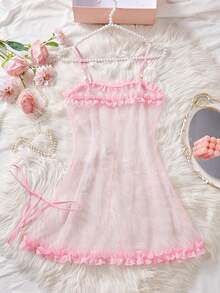 Đồ ngủ màu hồng cho nữ, váy búp bê dễ thương, trang trí nơ, ren và voan cô dâu, xẻ tà, viền bèo nhún, đồ cưới, nội y cô dâu, bộ nội y gợi cảm, bộ váy voan gợi cảm - Màu Hồng baby - Xem 7