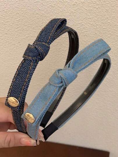 1/2pcs Retro Denim Bow Headband, Thin Non-Slip Hairband For Daily Commute, Work, School And Other Occasions