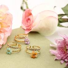 Uworld Summer Vacation 18K Gold Plated Stainless Steel Multi-Layer Crystal Colored Flower White Zirconia Ring Women Jewelry Gift
