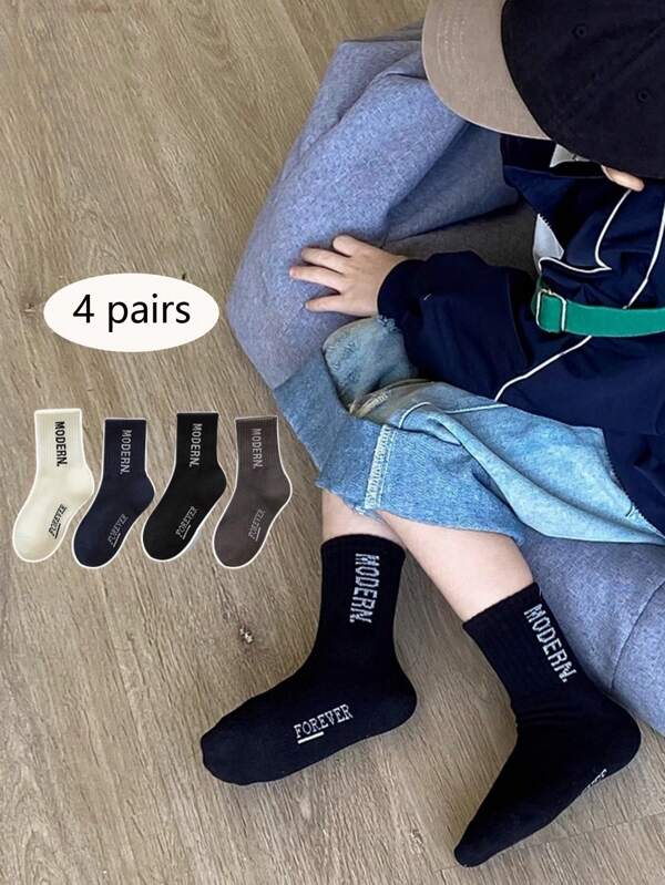 4 Paar koreanischer Stil minimalistische Buchstaben Muster atmungsaktive lässige Sportssocken, geeignet für Kinder, Studenten und Länge bis zur Wade