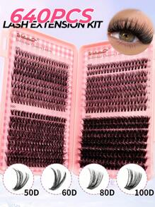 640pcs D-Curl Eyelash Extension Kit, 10D 20D 30D 40D 50D 60D 80D 100D 120D 150D 8-16mm DIY Individual False Eyelashes, 3D Mink Curl Dramatic Messy Lashes For Makeup, Cosplay, Daily Wear