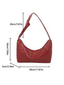 1 pieza Bolso bandolera de mujer de color borgoña sólido con textura tejida vintage de PU