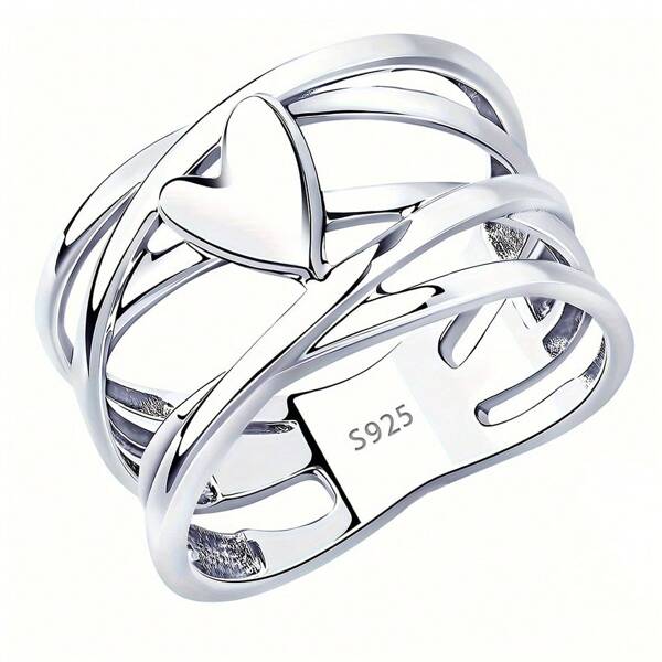 Chic French Style 925 Sterling Silver Plated Heart-Shaped Ring, Nickel-Free, Hypoallergenic, Unique Design, Women's Fashion Jewelry, Perfect For Everyday And Party Accessories