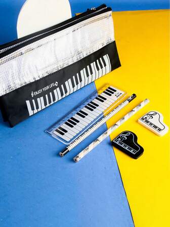 6 pièces/Boîte Set de Papeterie Style Clavier de Piano, Trousse à Crayons & 6 pièces Fournitures de Bureau Dessin Animé Cadeau