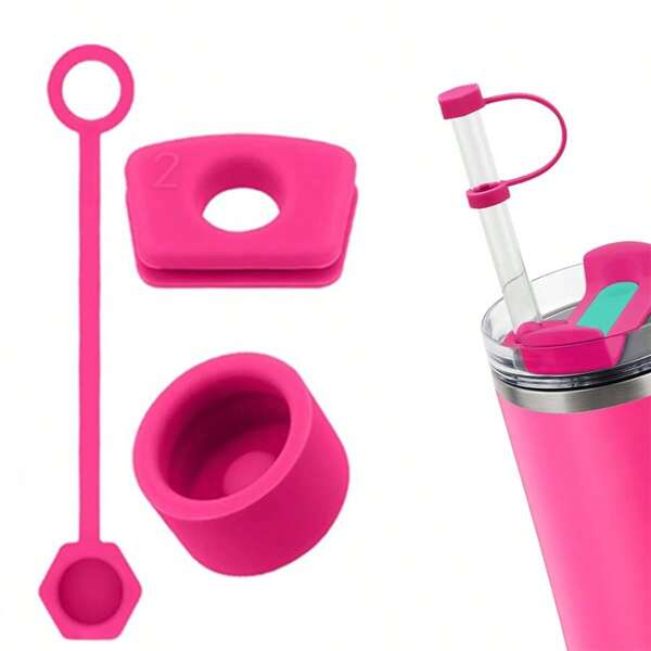 Silicone Spill Stopper Set For Cup 2.0 30oz & 40oz With Straw Cover ( Passion Pink Black And White) Accessories Straw ﻿