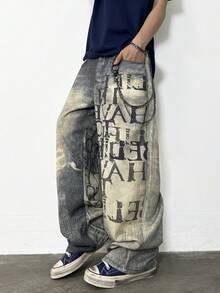 1 Stück Vintage-Stil grafischer Muster, locker sitzende, lässige Weite Bein Jeans Hose für Herren, Emo-Stil