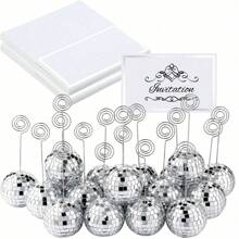 10 piezas Soportes para fotos + 10 piezas Soportes para tarjetas de nombre de bolas de discoteca doradas, soportes para números de mesa con bolas de discoteca doradas y alambre retorcido, y tarjetas de lugar para exhibir el menú en bodas, fiestas de cumpleaños (5 cm)