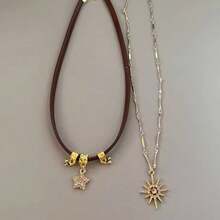 太阳星锆石项链女士复古皮革项链双层吊坠链颈链时尚珠宝 - 彩色 - 查看 4