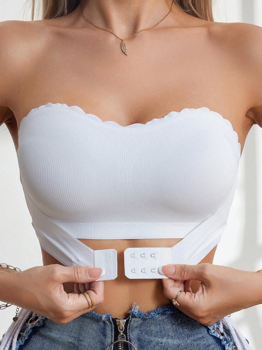 1/2Pcs Front Closure V-Neck Wireless Padded Bra, Front Clasp Gather & Lift Minimalist Bra, Strapless Bra Casual Women's Front Closure Ruched Thread White Bandeau Bra Without Underwire - 白色 - 查看 1