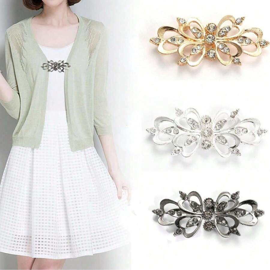 纯色水钻装饰优雅开衫披肩，带固定扣，衬衫翻领前夹