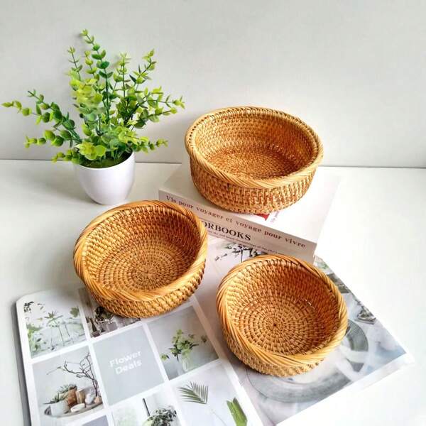 1 cesto de armazenamento de vime tecido à mão, 14 cm de diâmetro x 6 cm de altura, adequado para sala de estar, escrivaninha, quarto