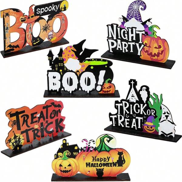 6 peças decoração de mesa de Halloween feliz dia das bruxas centro de mesa de madeira sinal de Halloween doces ou travessuras Boo fantasma bruxa abóbora sinais de mesa para festa em casa escritório mesa decorações de Halloween para ambientes internos