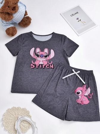 Disney 2pcs Kids Adorable Stitch Angel Print Short Sleeve Crew Neck Top + Shorts Pajama Set