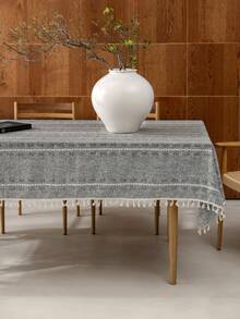 1 pieza Mantel de estilo country americano retro elegante con cuadros grises y calado, rectangular con rayas bordadas y borlas, uso múltiple, adecuado para fiestas festivas, cumpleaños, banquetes, hoteles, hogar, decoración de dormitorio - Gris Oscuro - Ver 2