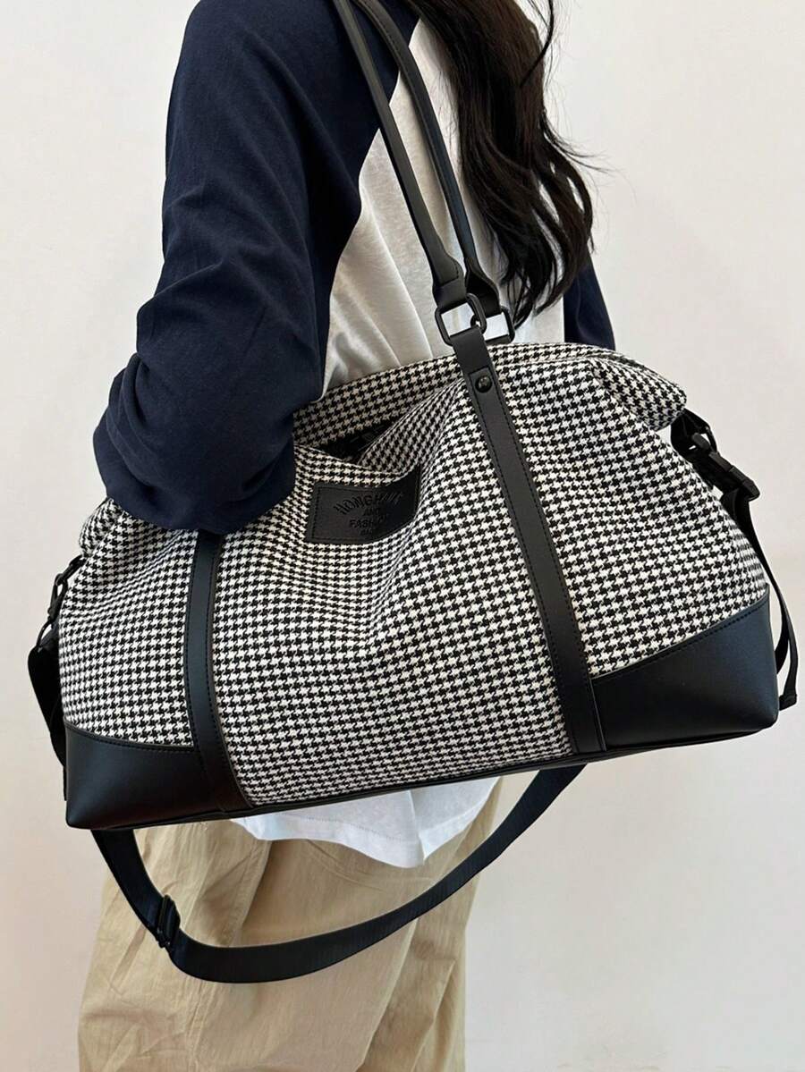 时尚拼色大容量托特包，休闲单肩斜跨包短途旅行健身运动包复古旅行手提包女士学校包学校配件学校用品旅行必需品假日行李袋行李箱旅行包女士 - 黑色 - 查看 1