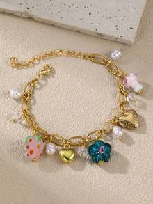 1pc Fashion Starfish, Shell, Strawberry Flower, Bow, Heart Multi-Element Pendant Handmade Bracelet, Women Daily & Holiday Accessory - Multicolor - View 4