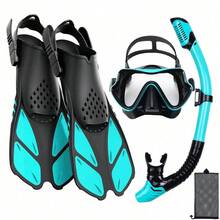 JoyMaySun 面罩脚蹼呼吸管套装、成人浮潜装备、全景防雾呼吸管面罩、可调节潜水脚蹼、干式呼吸管和旅行包、游泳浮潜潜水装备、沙滩必需品、沙滩配件、泳池浮板