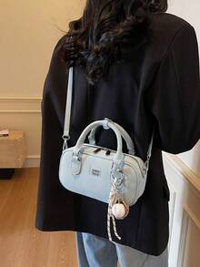 DAZY 1 件时尚女士手提包、单肩包、斜挎包、挎包、手提包、枕头包、波士顿包，采用 PU 材料制成，耐刮擦、耐磨，适合购物、约会、派对、工作通勤，可调节肩带，装饰吊坠，优雅简约休闲蓝色女士手提包（8.7 英寸 * 4.7 英寸 * 3.1 英寸） - 藍色 - 查看 5