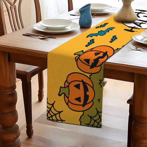 1pc Halloween Devil Pumpkin Table Runner, Linen-Like Fabric, 33cm*183cm/13inch*72inch Single-Sided Printing, Suitable For Daily Kitchen, Home Activities, Holiday Party Decorations