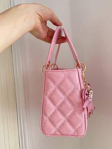 1pc PU Leather Quilted Handbag With Embroidered Strap, Versatile Lacquered Leather Tote Bag, Structured Mini Crossbody Bag, Geometric Pattern Purse - Pink - View 8