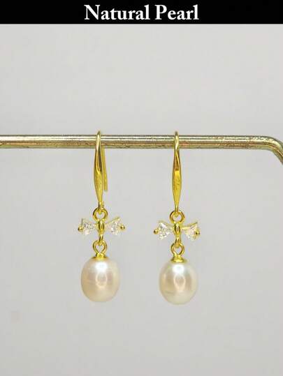 S925 Sterling Silver 7-9mm Natural Pearl & Zirconia Inlaid Hook Earrings, Elegant & Minimalist Design, Suitable For Women, Weddings, Bridesmaids, Parties, Daily Wear, Hypoallergenic