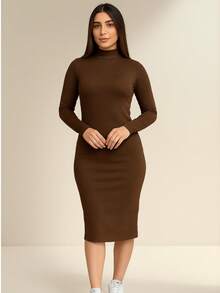 Ribbed Knit Midi Dress With Long Sleeves And High Neck - Rust Brown - View 3